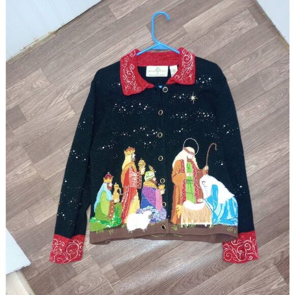 Design Options beautiful manger scene Christmas sweater, cardigan .size L - Picture 1 of 3